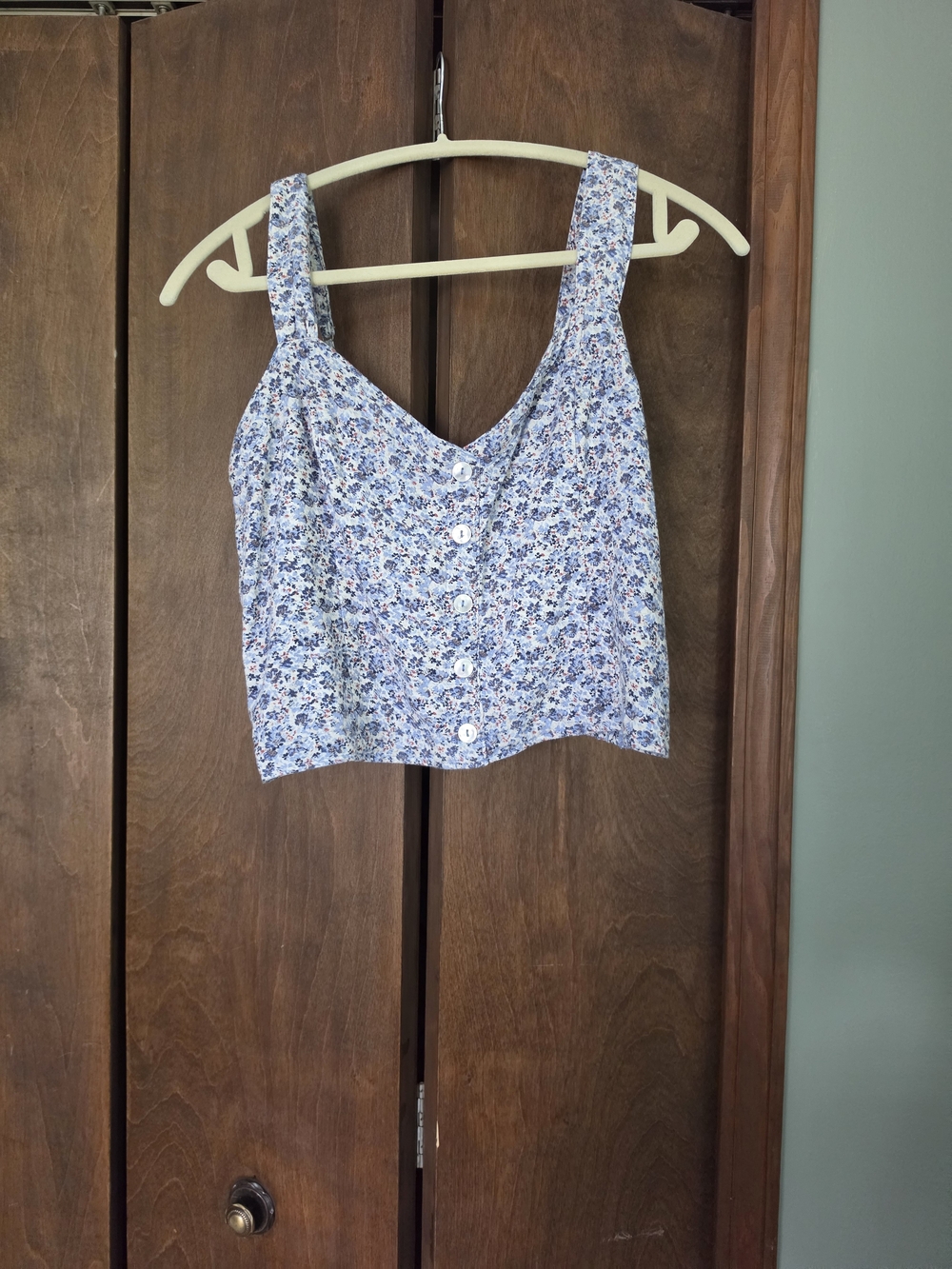 Abercrombie & Fitch Blue and White Floral Button Crop Top